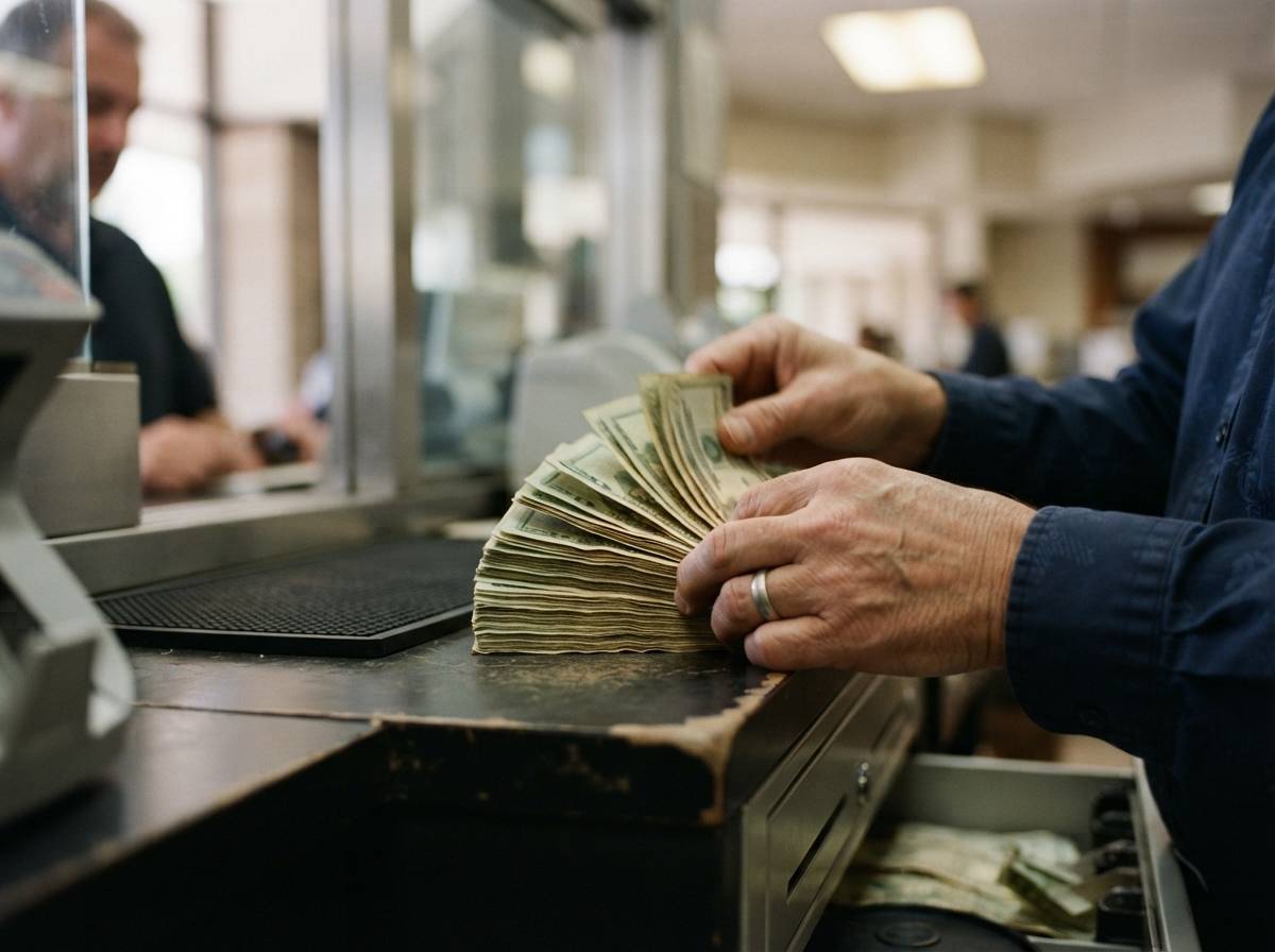 A bank teller counts cash at a teller window inside a bank branch.