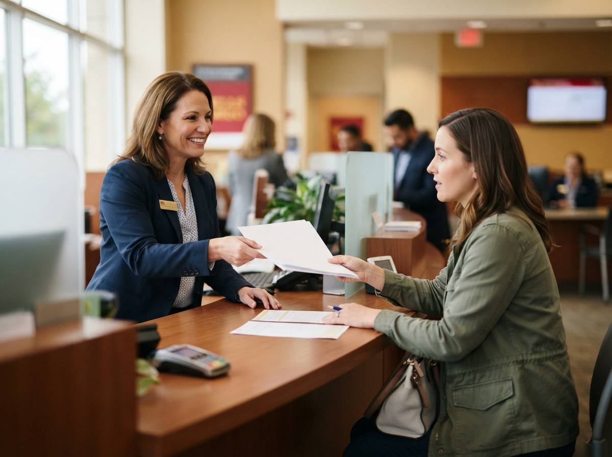 A bank teller discusses certificate of deposit paperwork with a customer at a branch counter.