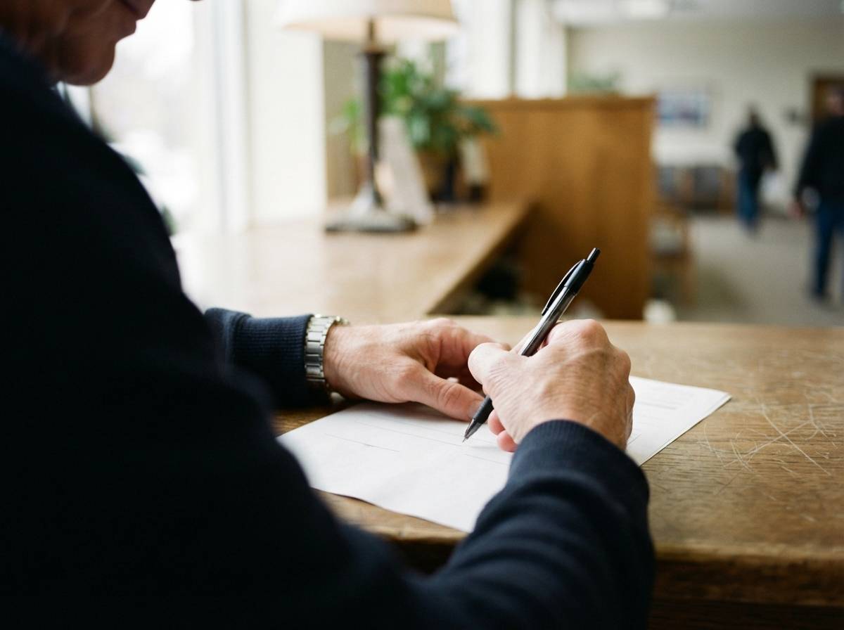 A close up of a hand signing a beneficiary form on a bank counter.