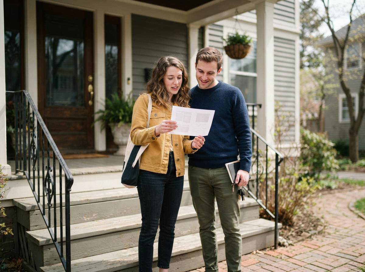 A couple reviewing a home listing sheet on the porch steps of a house for sale.
