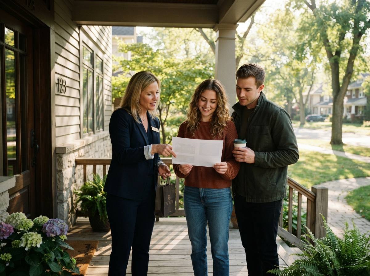 A couple reviews a home listing sheet with a real estate agent on a front porch.