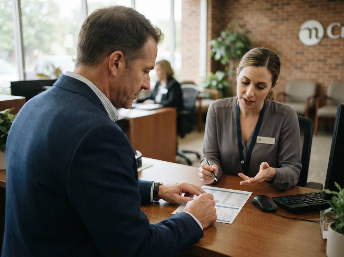 A customer discusses certificate of deposit rates with a bank teller at a credit union branch.