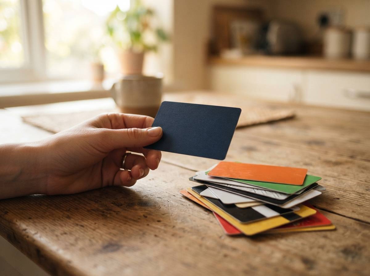 A hand holds a prepaid debit card beside a stack of retail gift cards on a table.