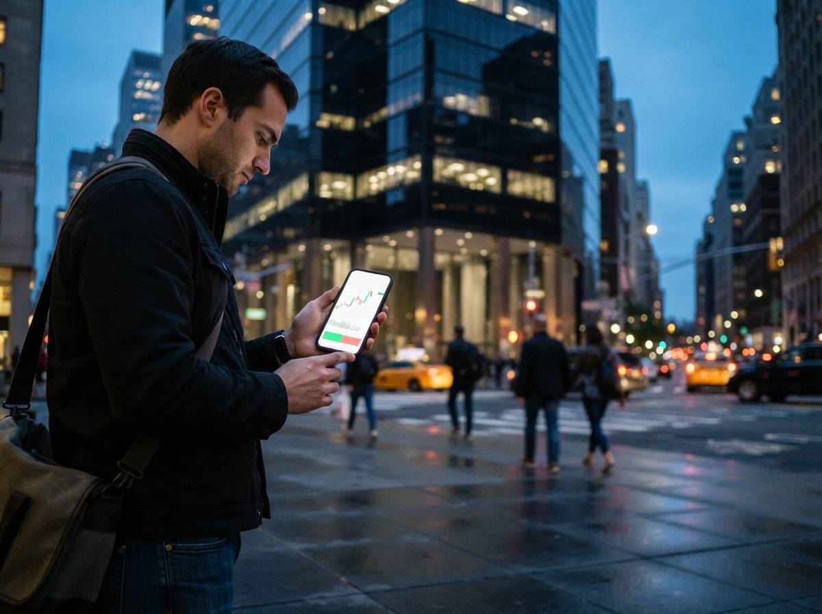A person holding a smartphone showing a cryptocurrency trading app outside a city office building.