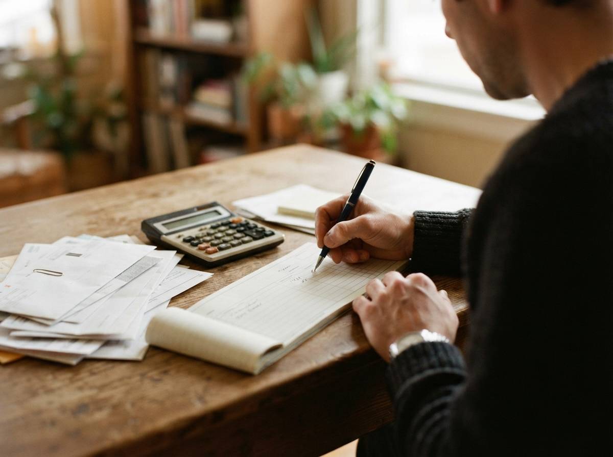 Close up of a person calculating savings and CD returns by hand at a desk.,