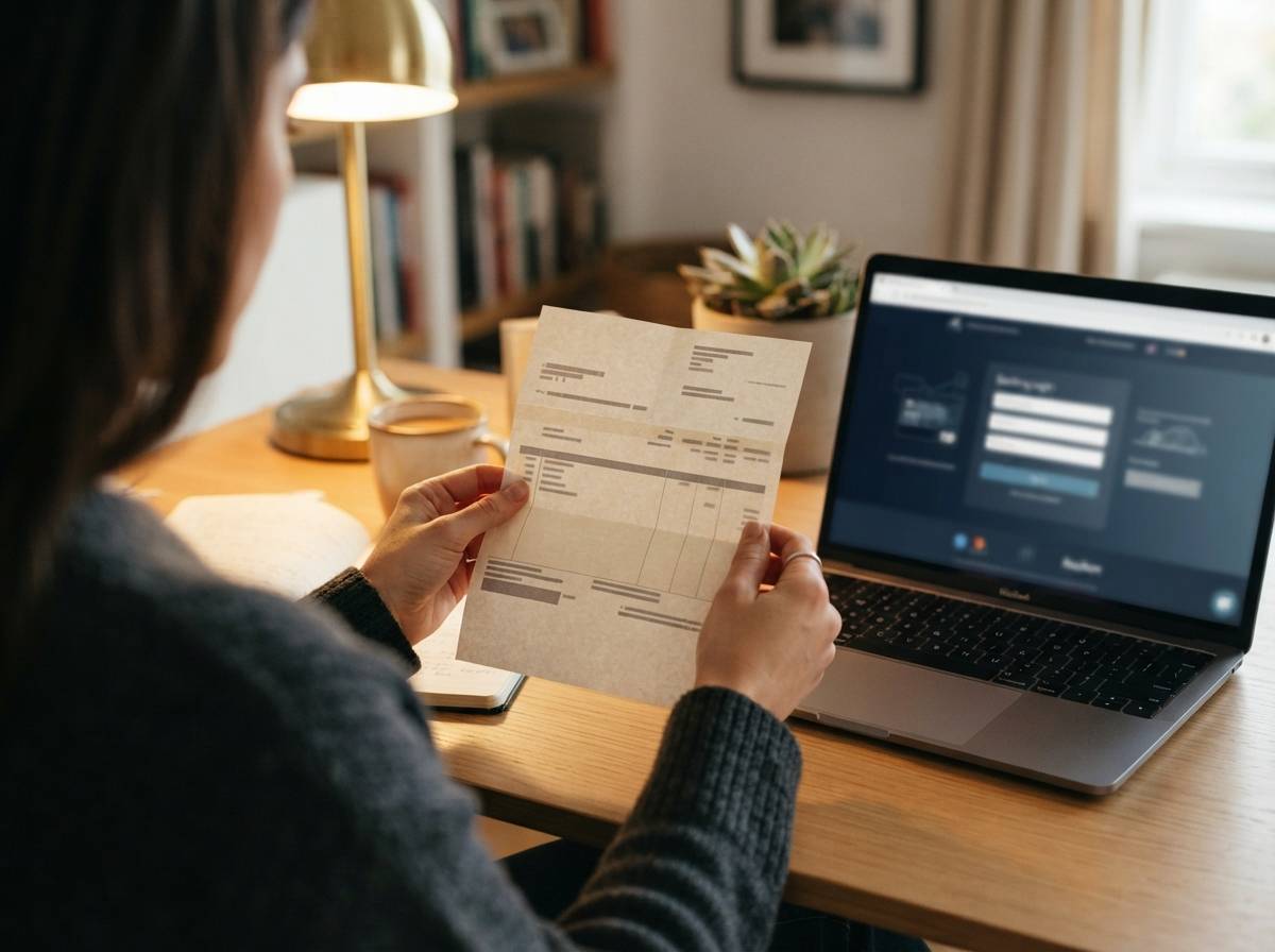 Close up of hands comparing a paper bank statement with an online banking screen on a laptop.