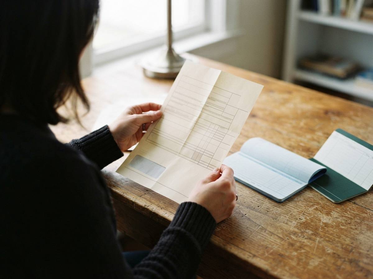 Close up of hands holding a bank tax document next to a savings account passbook on a desk.