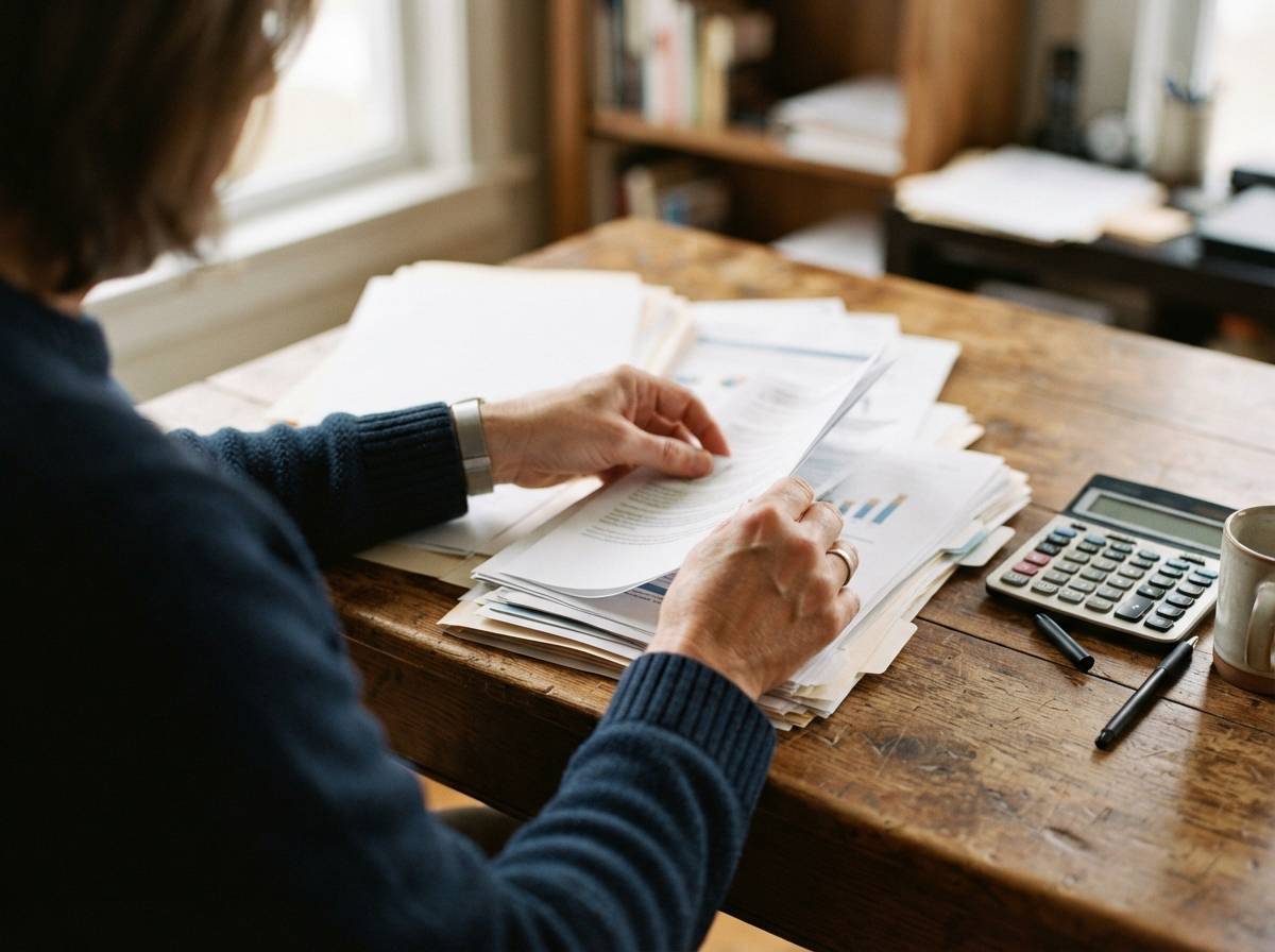 Close up of hands organizing retirement savings paperwork on a desk.