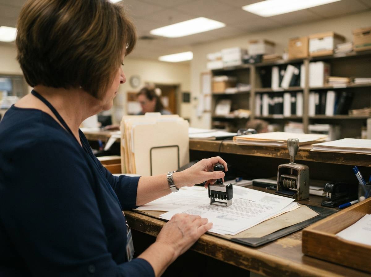 A county recorder's office clerk stamps a property deed document at the counter.