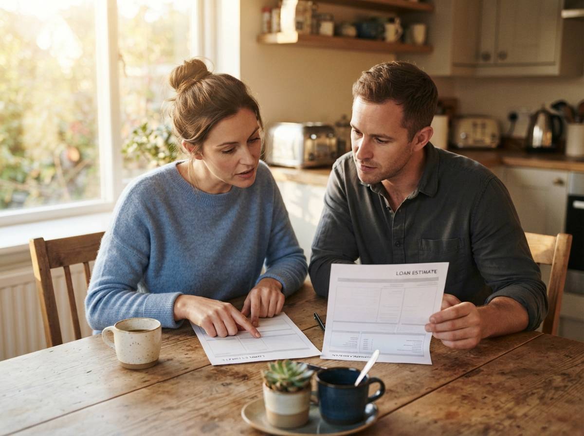 A couple compares two printed mortgage loan estimate documents at their kitchen table.