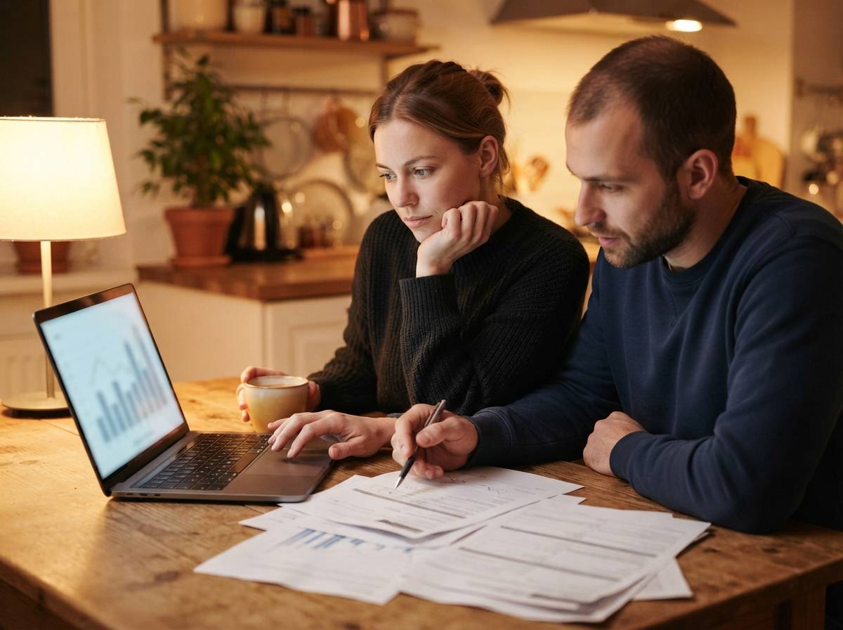 A couple reviews mortgage paperwork and a laptop at their kitchen table.