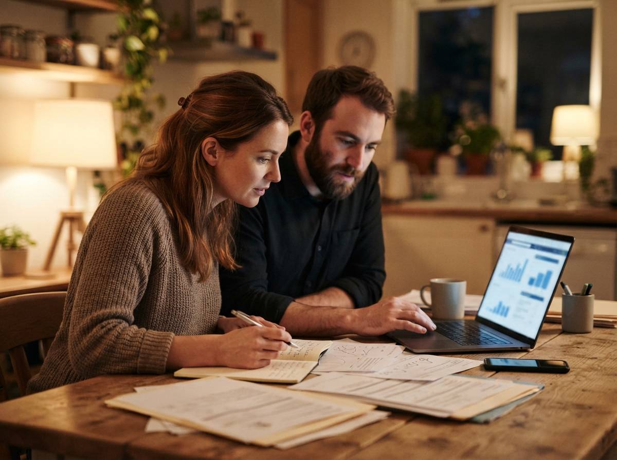 A couple reviews mortgage paperwork and a laptop together at their kitchen table.
