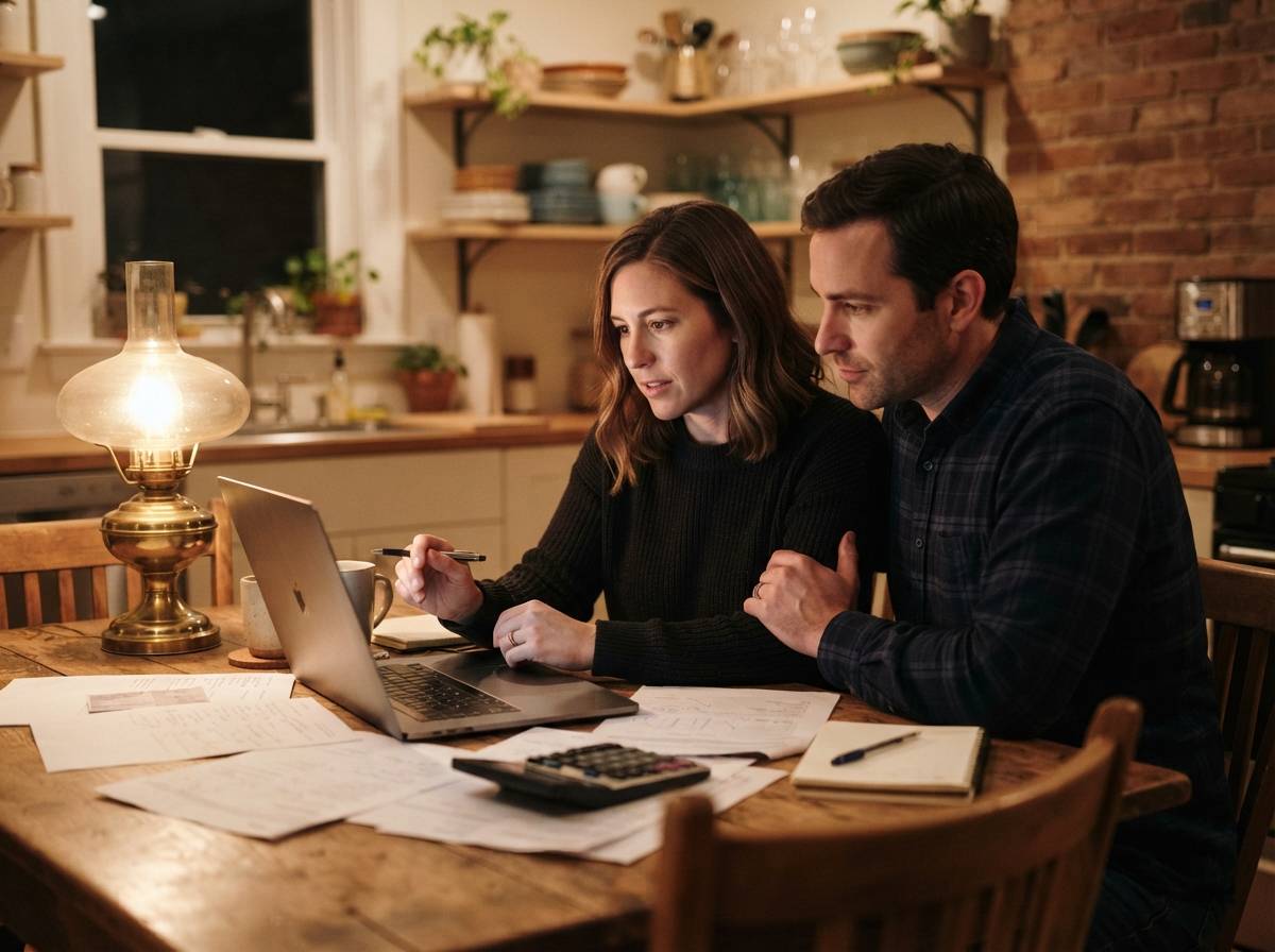 A couple reviews mortgage refinance paperwork and a calculator at their kitchen table.