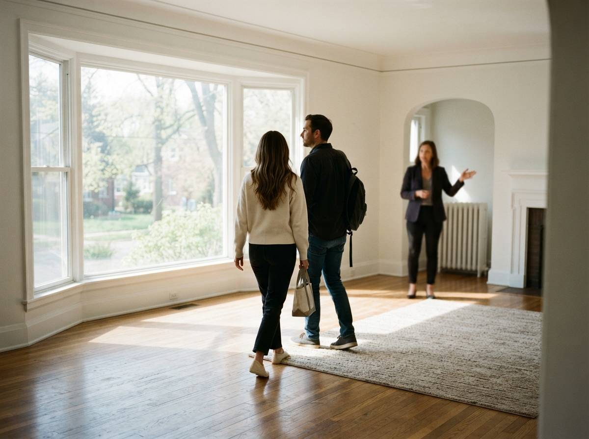 A couple tours an empty living room of a house for sale with a real estate agent nearby.