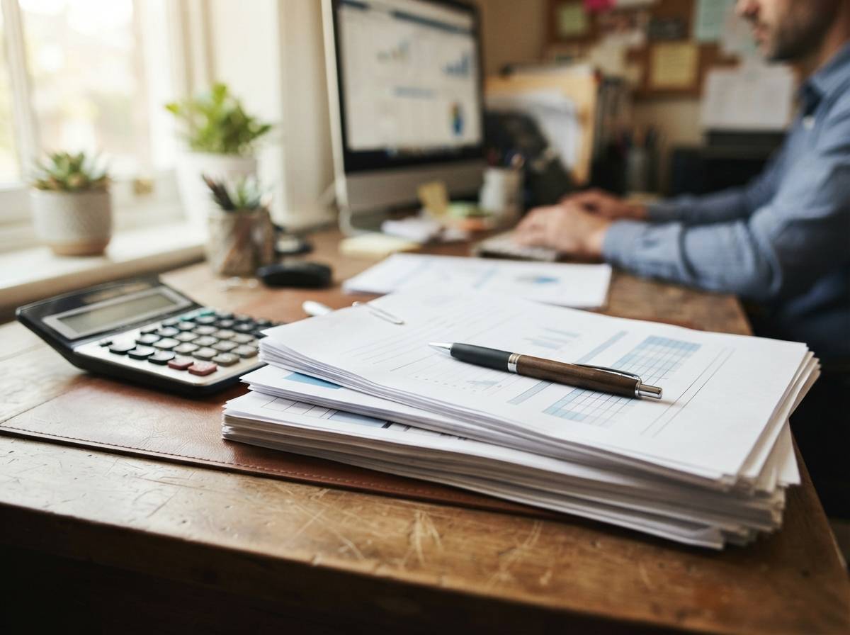 A desk covered with mortgage rate documents, a calculator, and a pen in an office.