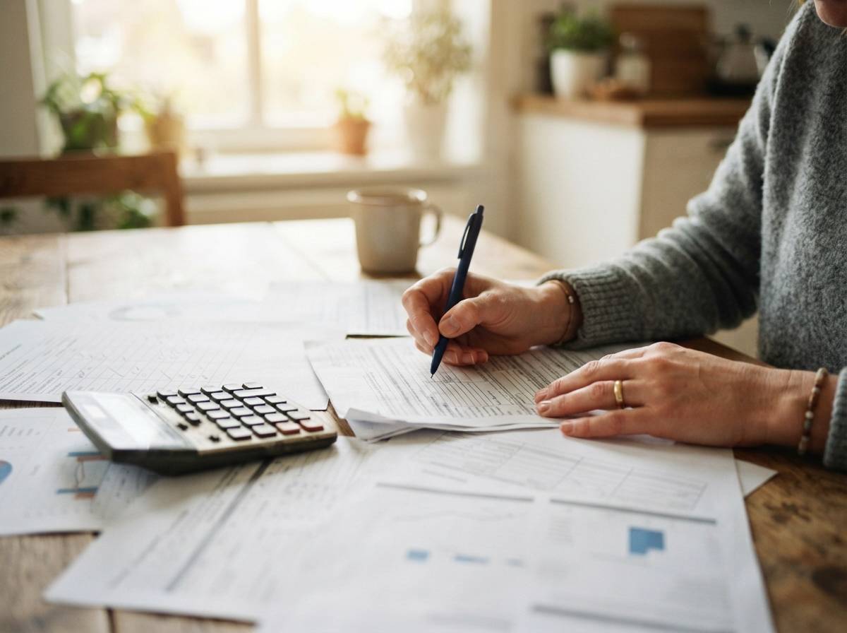 A homebuyer fills out mortgage paperwork next to a calculator and printed rate comparison sheets.