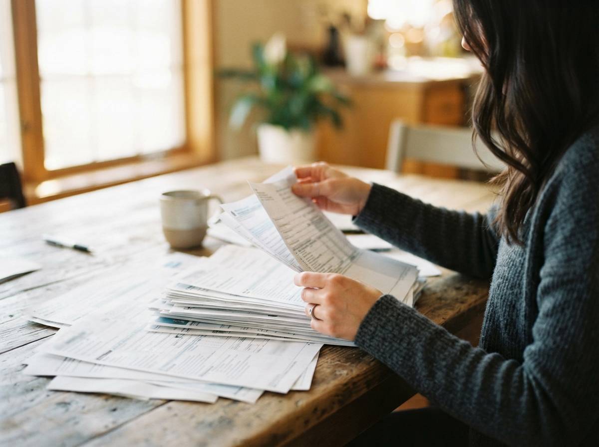 A homebuyer organizes pay stubs, tax returns and bank statements on a kitchen table.