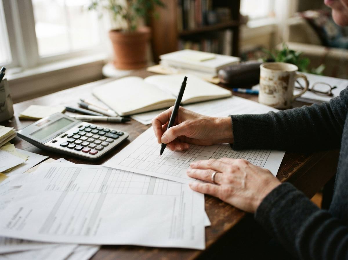 A homeowner compares mortgage rate quotes and calculates monthly housing costs at a desk.