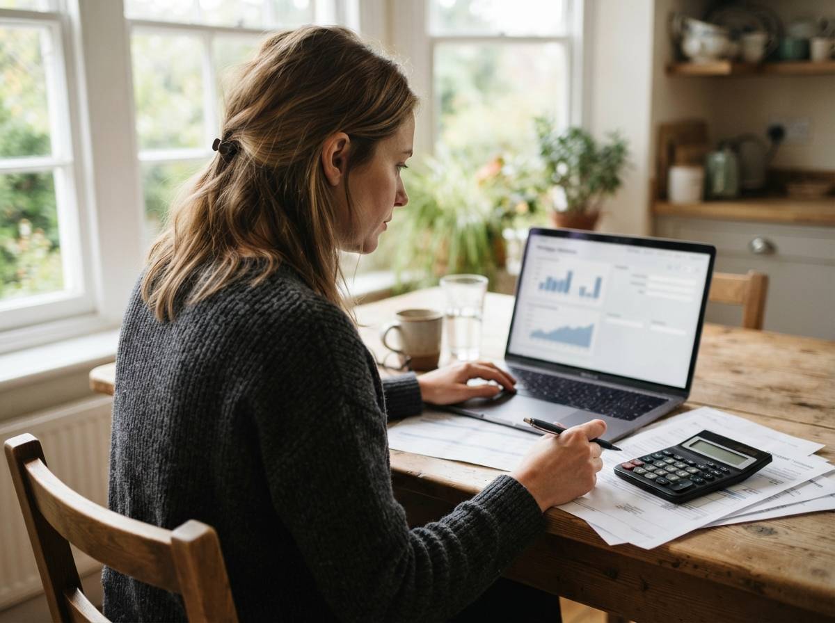 A homeowner reviews refinance numbers on a laptop at the kitchen table.