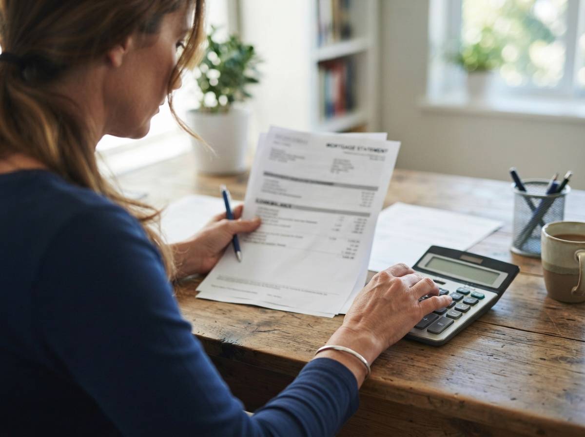 A homeowner uses a calculator while reviewing a mortgage statement at a desk.