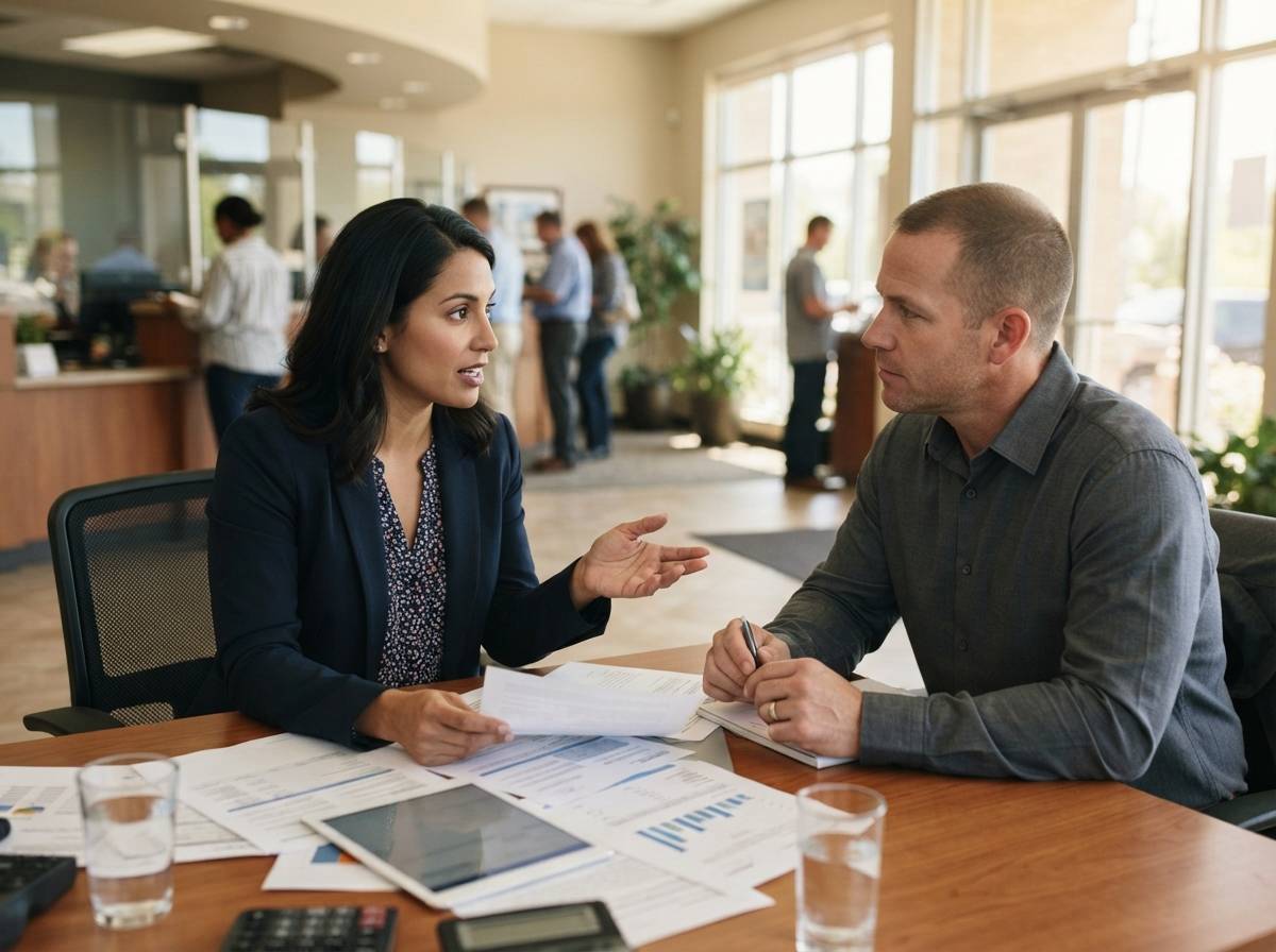 A loan officer discusses mortgage documents with a client at a bank branch desk.