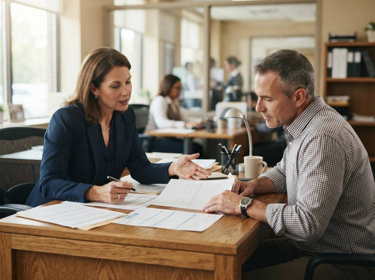 A loan officer reviews mortgage documents with a client at a bank branch desk.