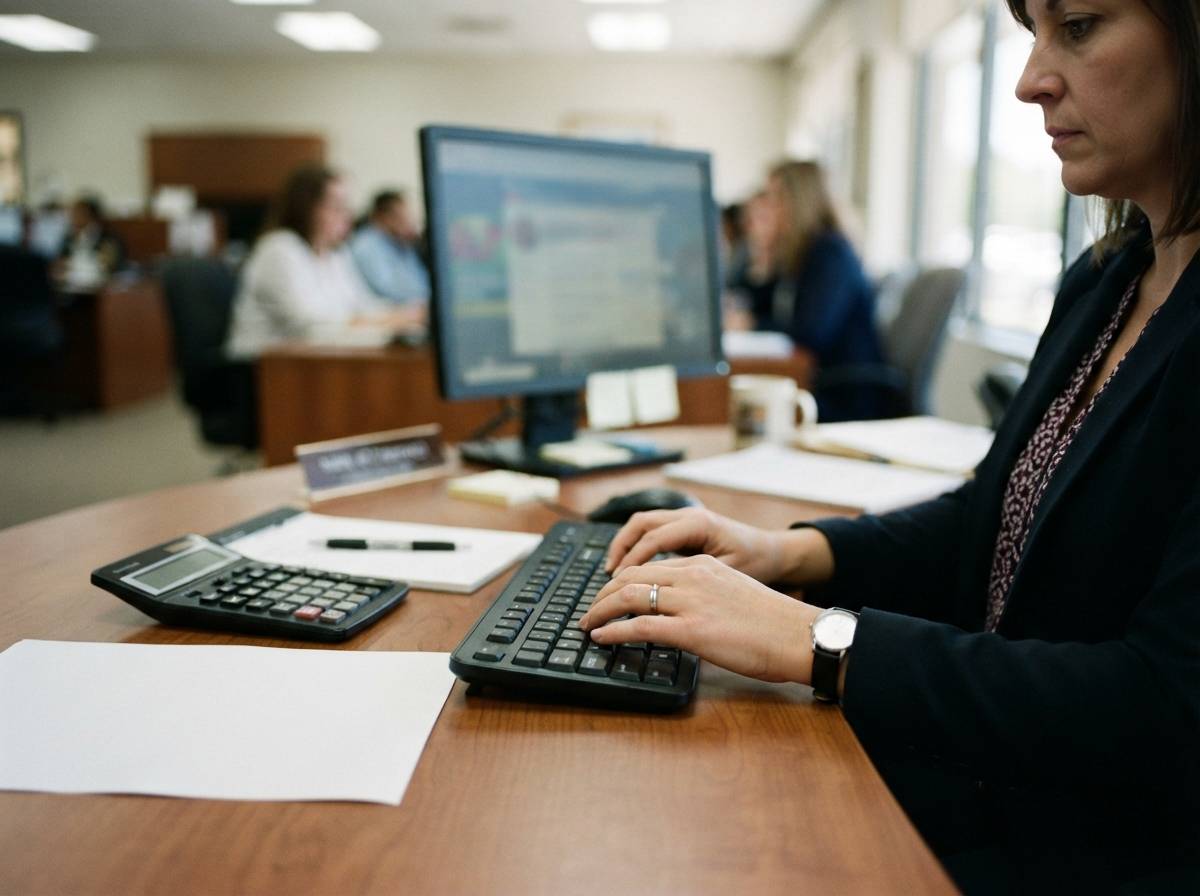 A loan officer reviews mortgage rate figures at a bank branch desk.