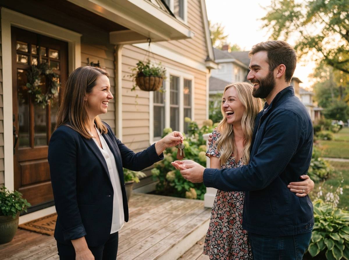 A real estate agent hands over house keys to new homeowners on a front porch.