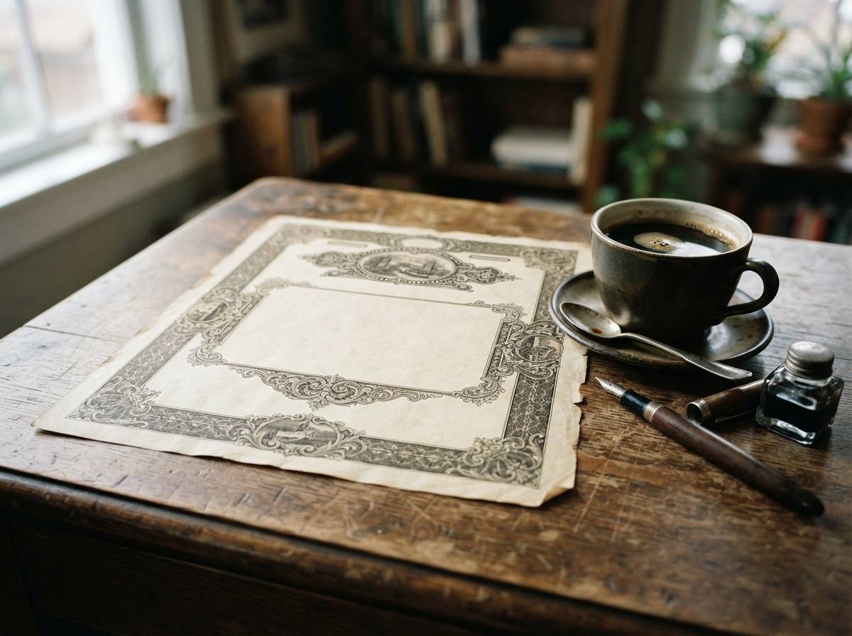 A bond certificate rests on a desk next to a pen and a cup of coffee.
