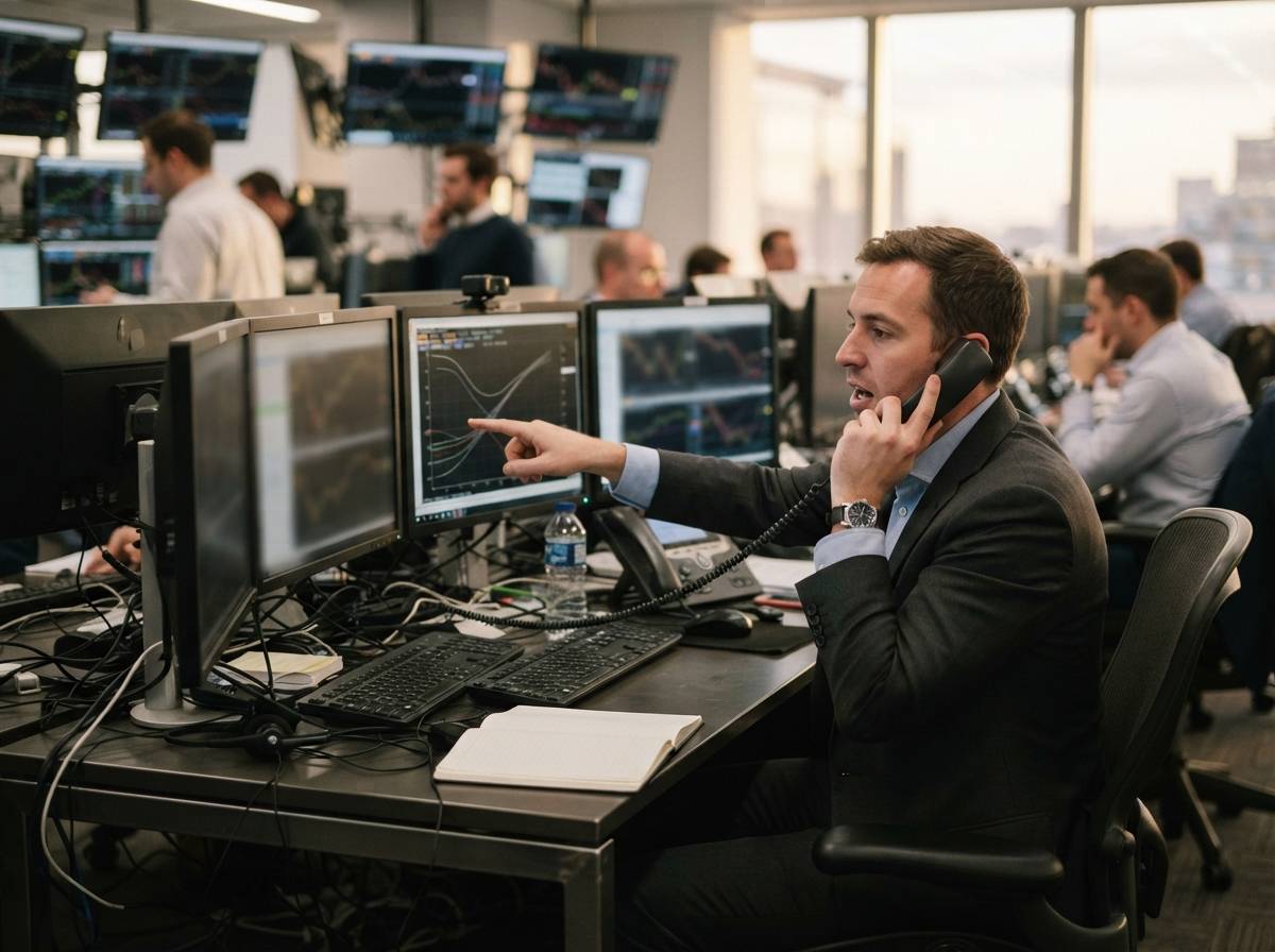 A bond trader points at a yield curve chart on a trading floor monitor.