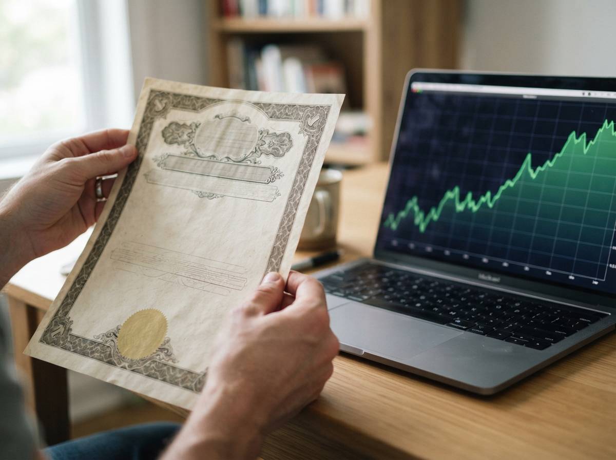 A close up of hands holding a bond certificate beside a laptop displaying a rising stock chart.