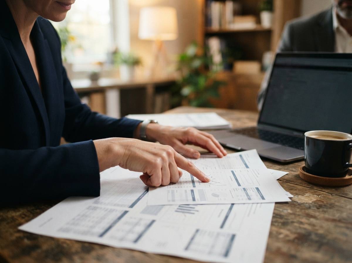 A financial advisor points to printed bond fund statements on a desk beside a laptop.