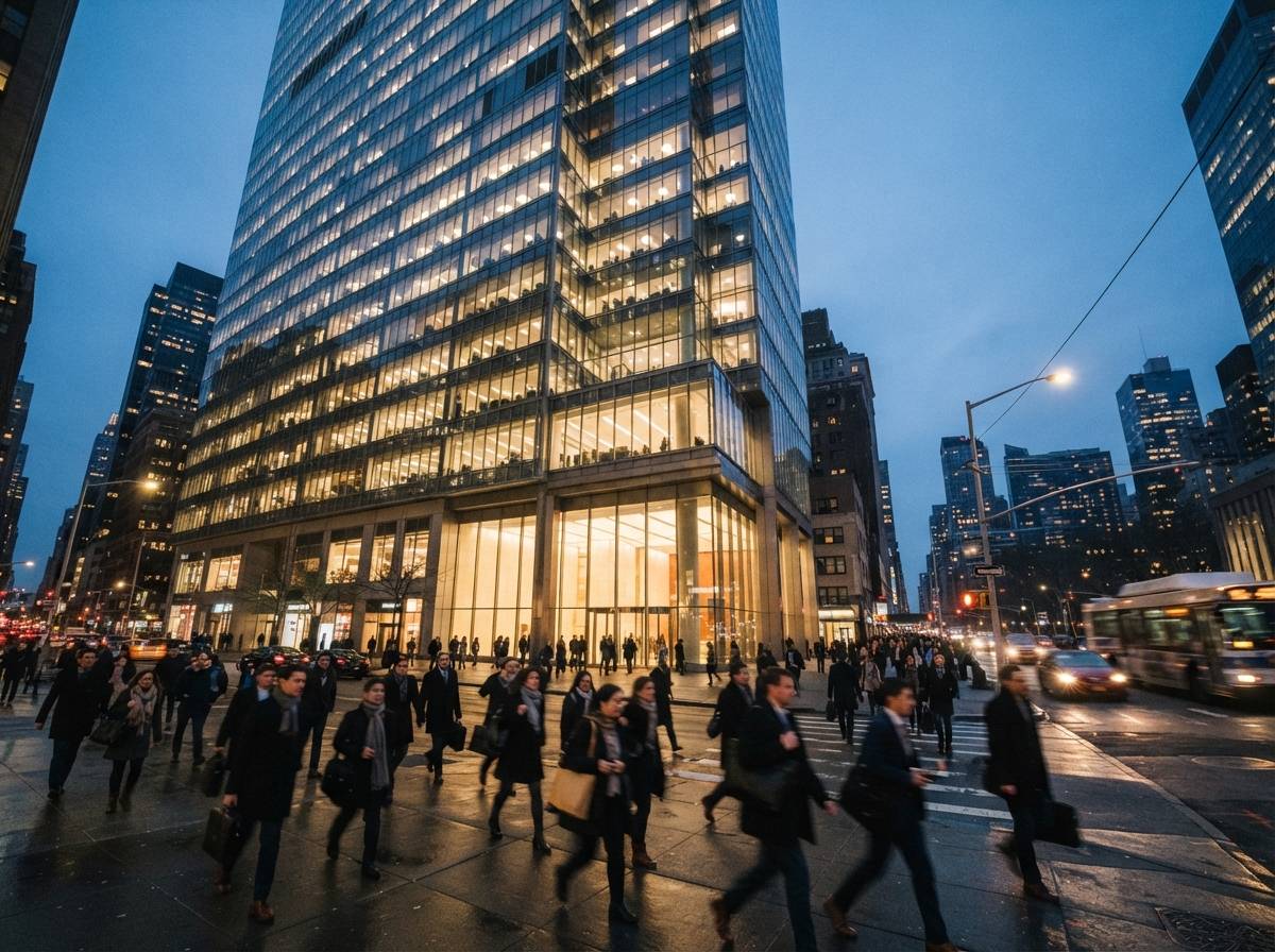 A financial district office building glows with lit windows at dusk as commuters walk along the sidewalk below.