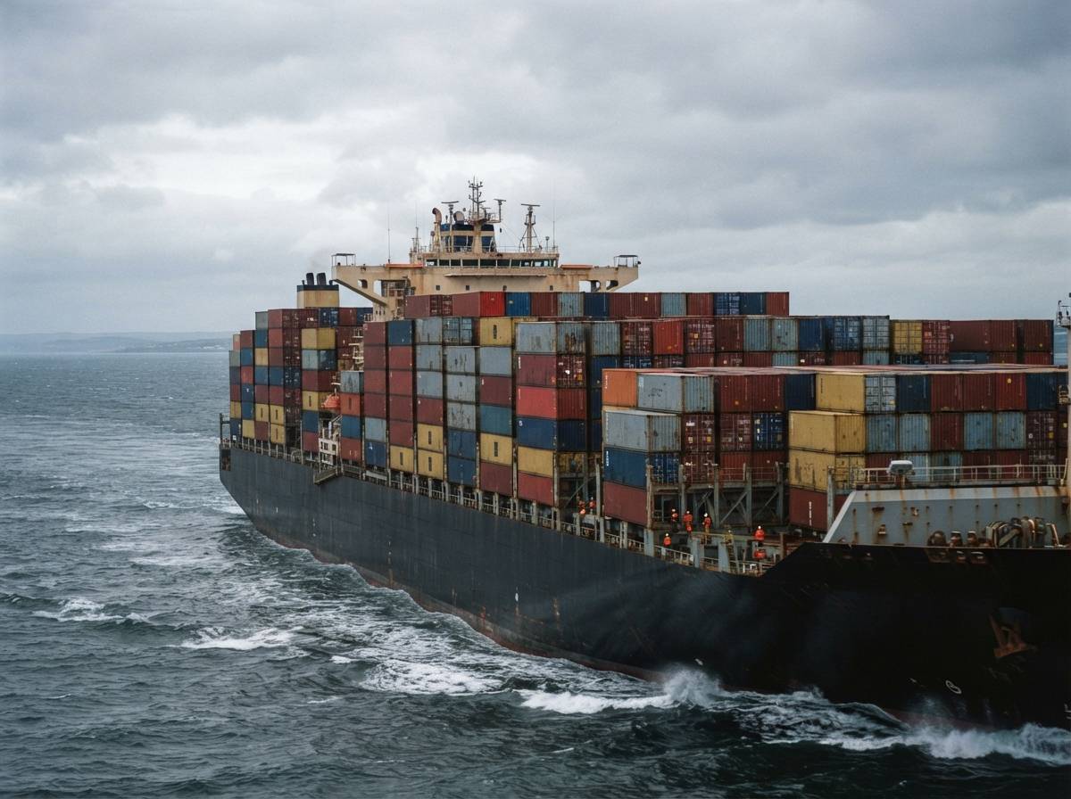 A fully loaded cargo ship carrying shipping containers across open water.