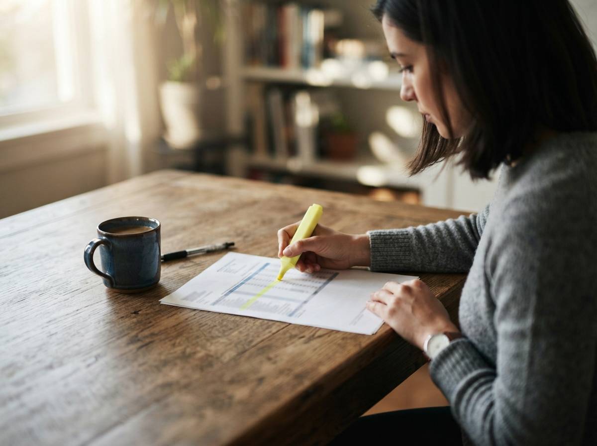 A person reviews a printed brokerage statement at a home desk, highlighting figures with a pen.
