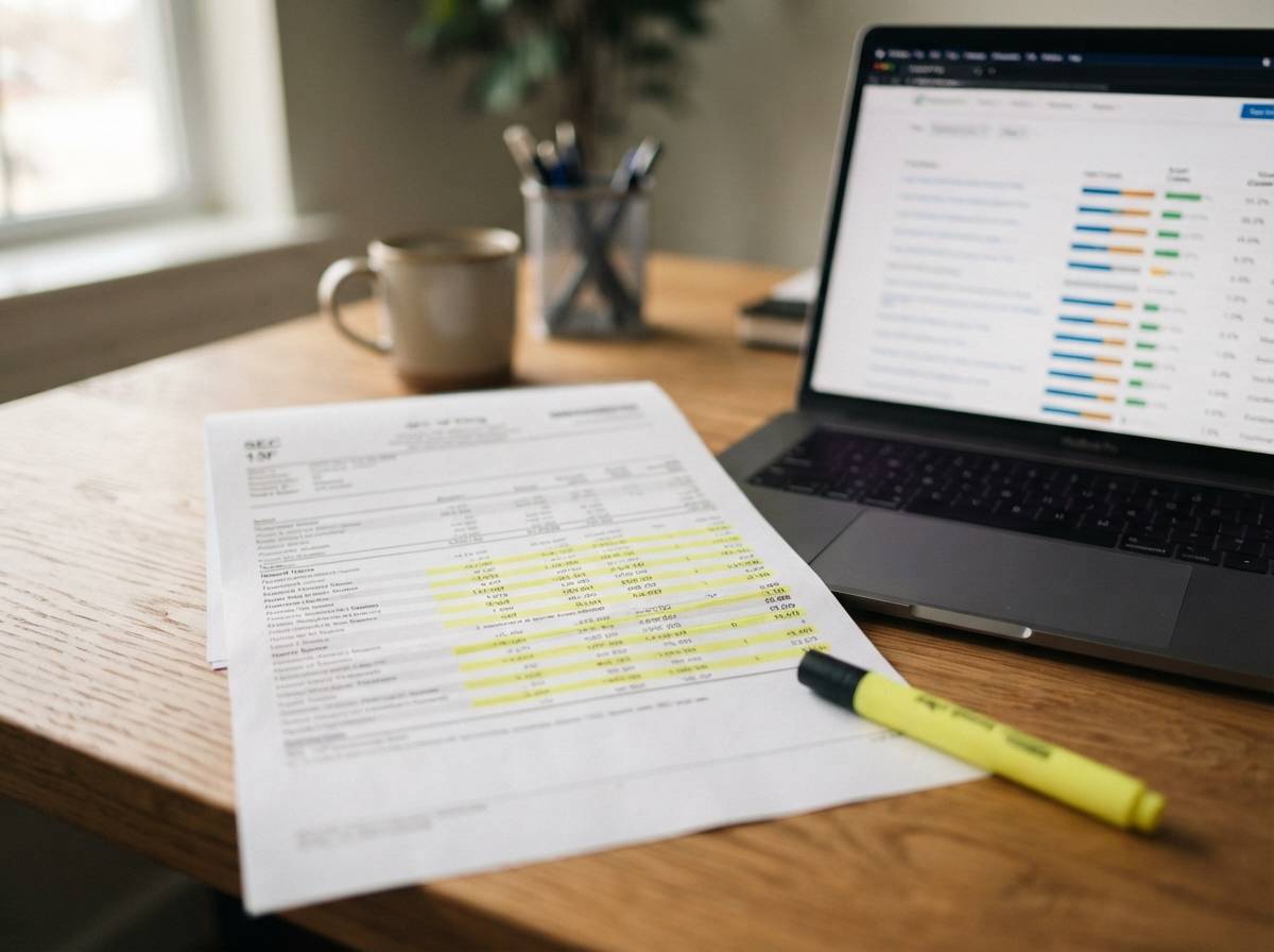 A printed SEC filing with highlighted holdings sits on a desk next to a laptop.