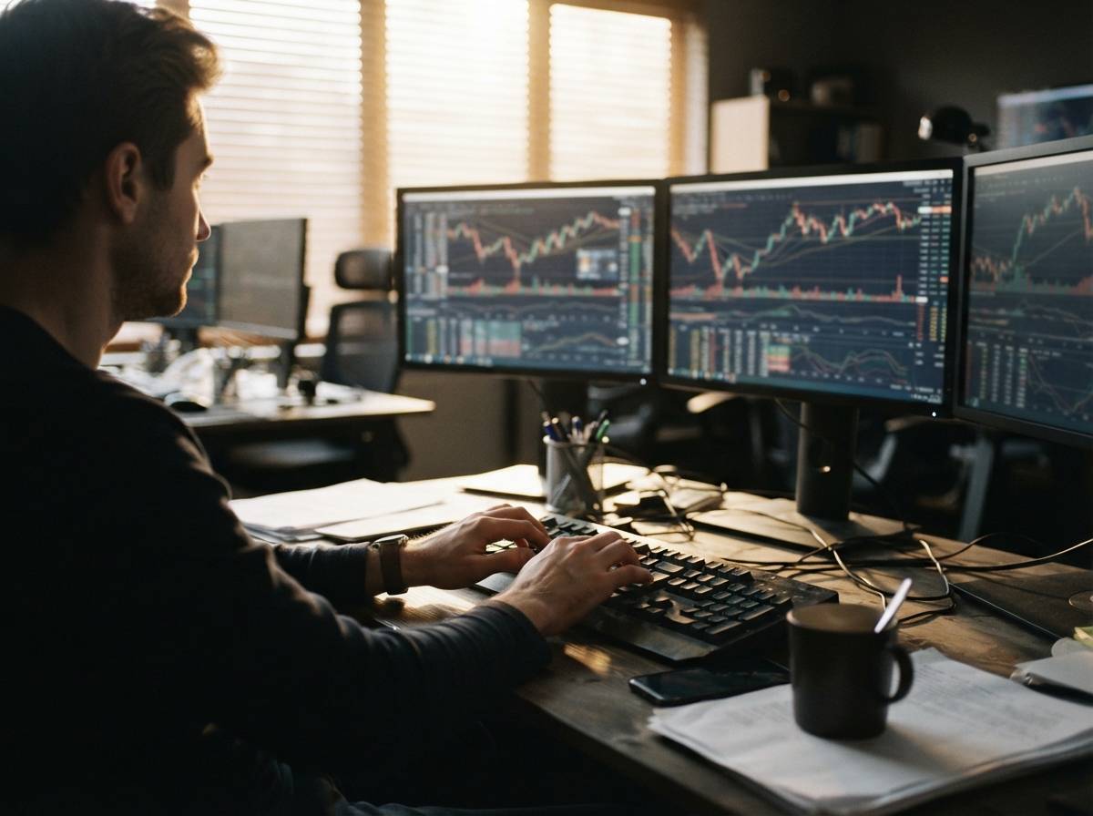 A trader's hands on a keyboard in front of multiple monitors displaying exchange trading screens.