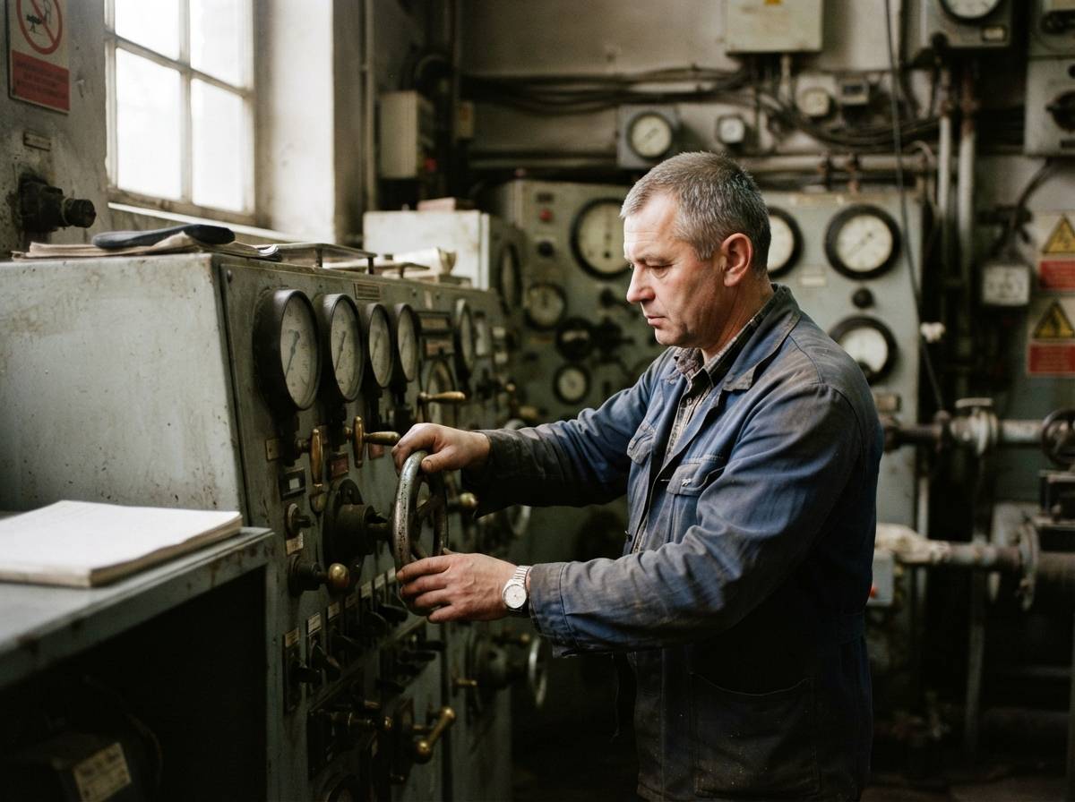 A utility worker monitors valves and gauges inside a water treatment control room.