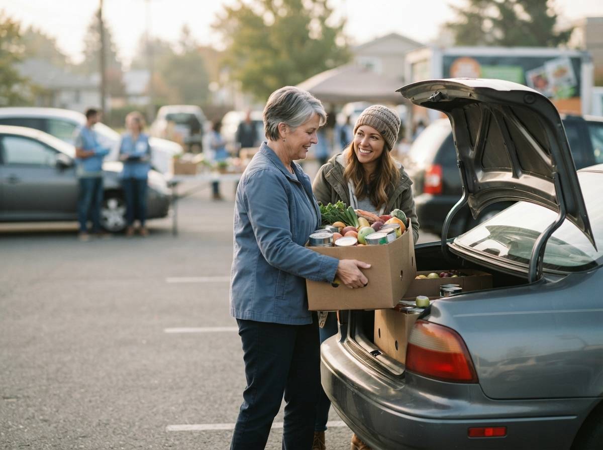 A volunteer loads boxes of donated food into a car at a community food bank distribution.