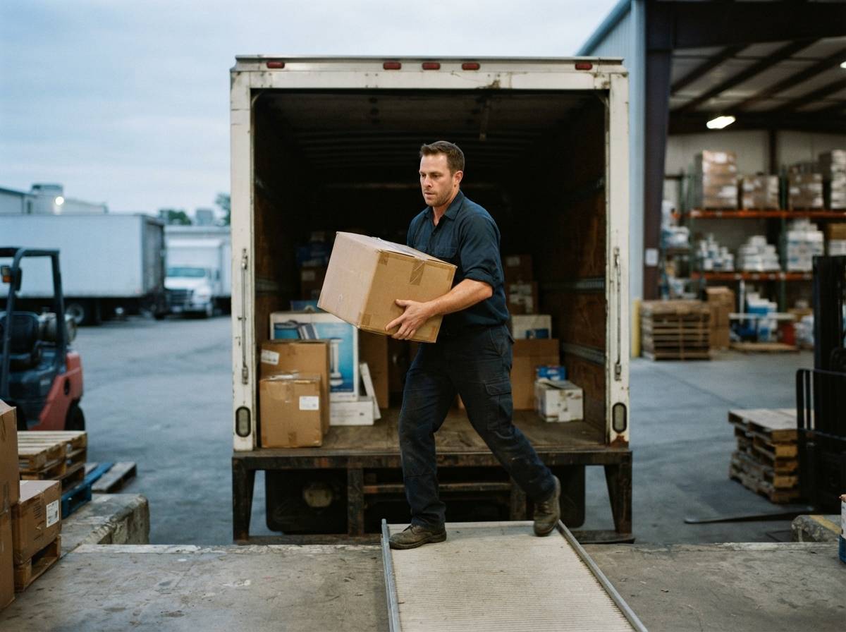 A warehouse worker loads pool supply boxes onto a delivery truck in early morning light.