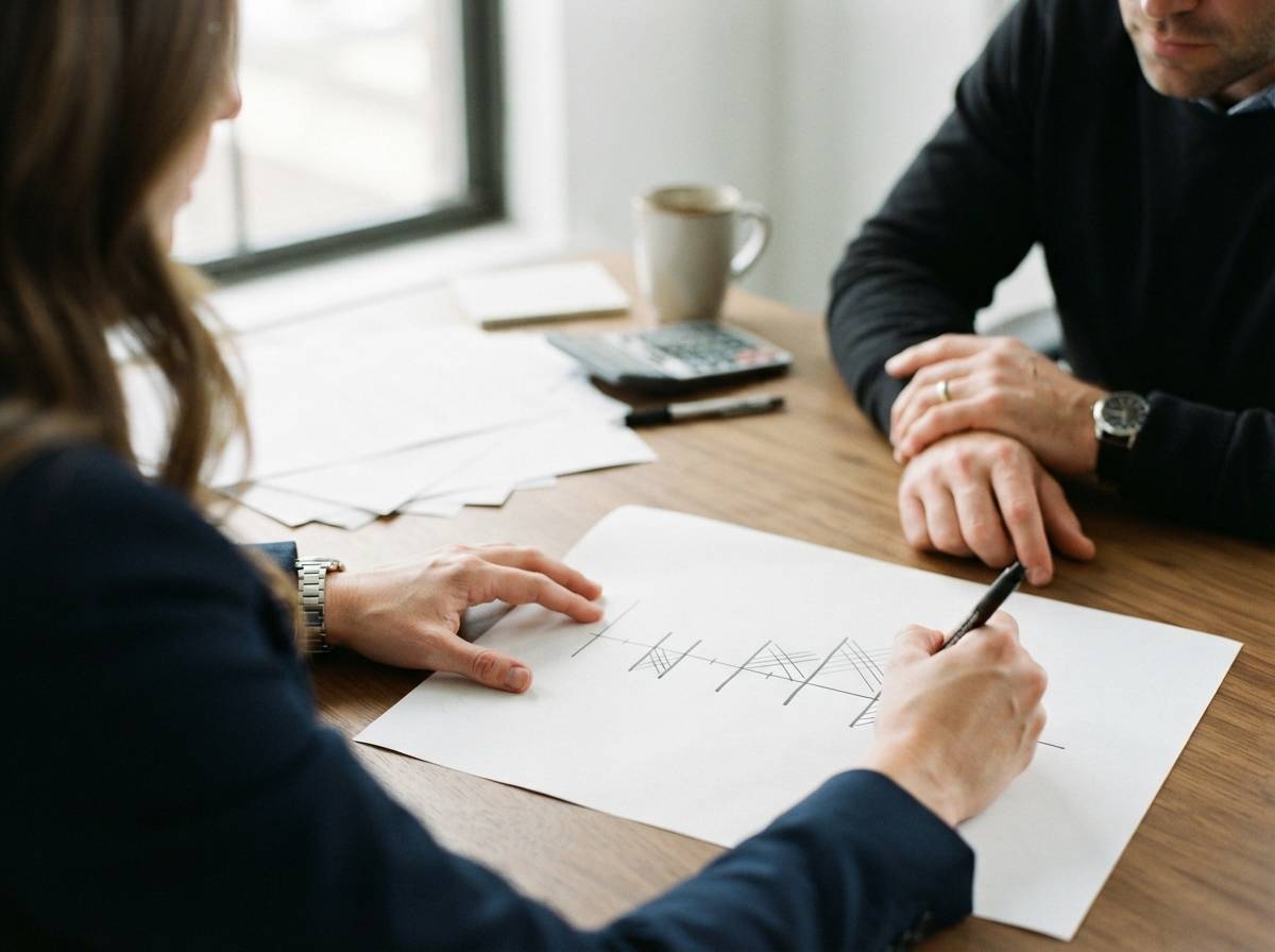 An advisor sketches a bond investment timeline on paper during a client meeting.