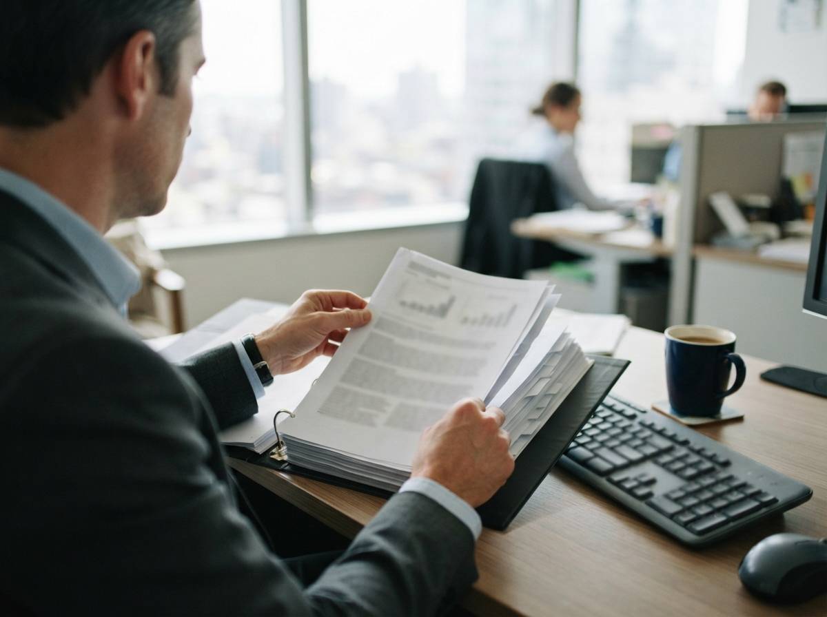 An analyst reviews loan syndication documents in a binder at an office workstation.