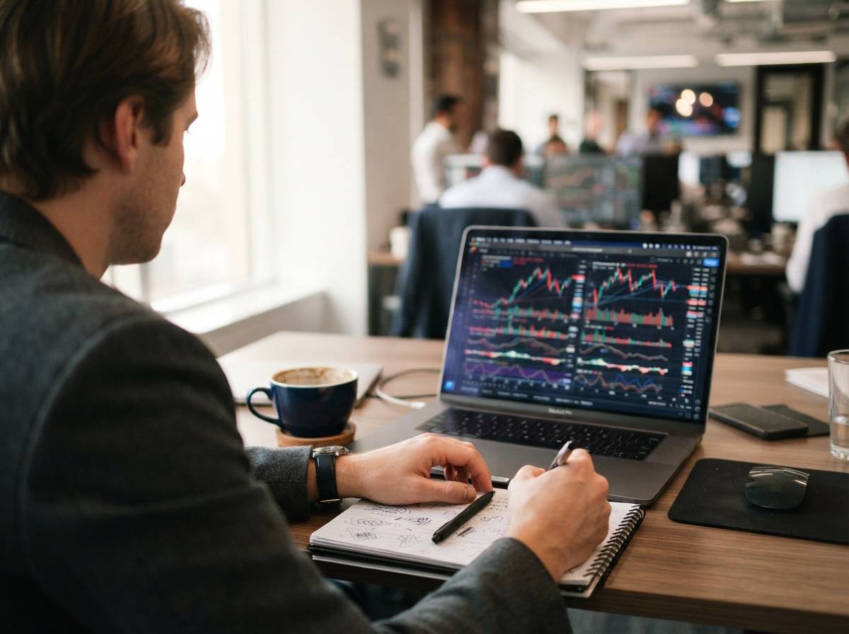 An analyst's desk shows a laptop screen with volatile stock market charts during a trading session.