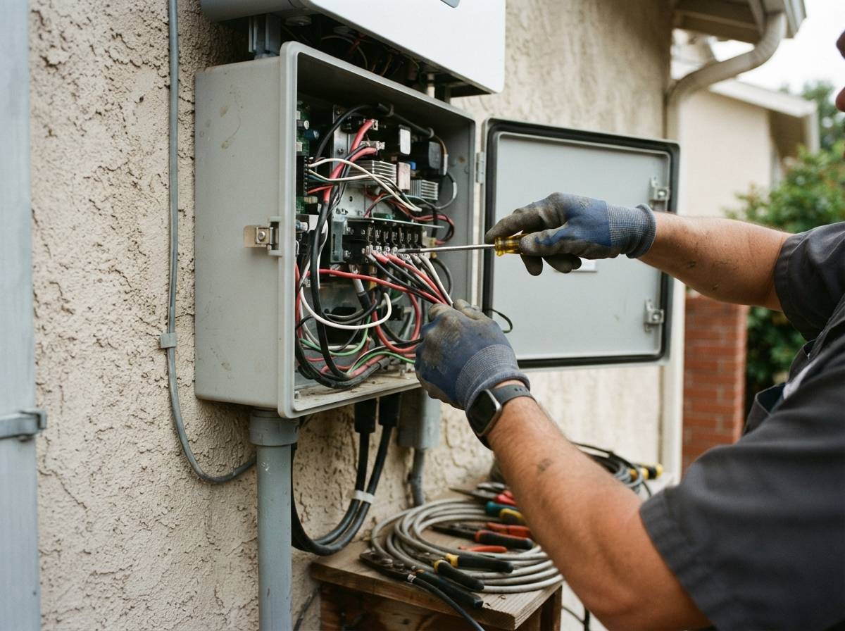An electrician adjusts wiring on a home solar inverter mounted on an exterior wall.