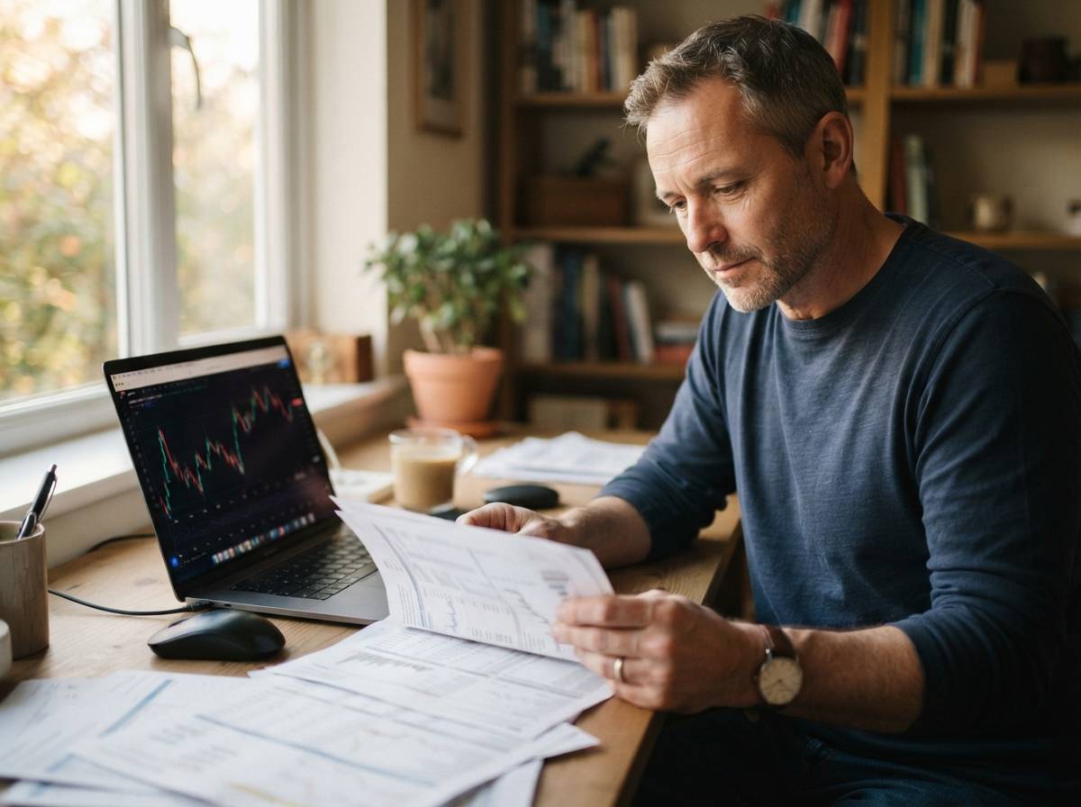 An investor reviews brokerage statements and a laptop while researching bond funds at home.