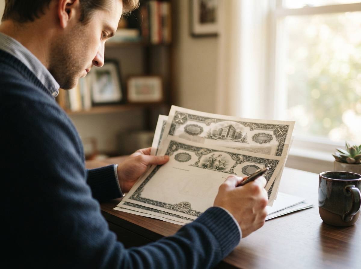 An investor reviews printed stock certificates at a home desk.