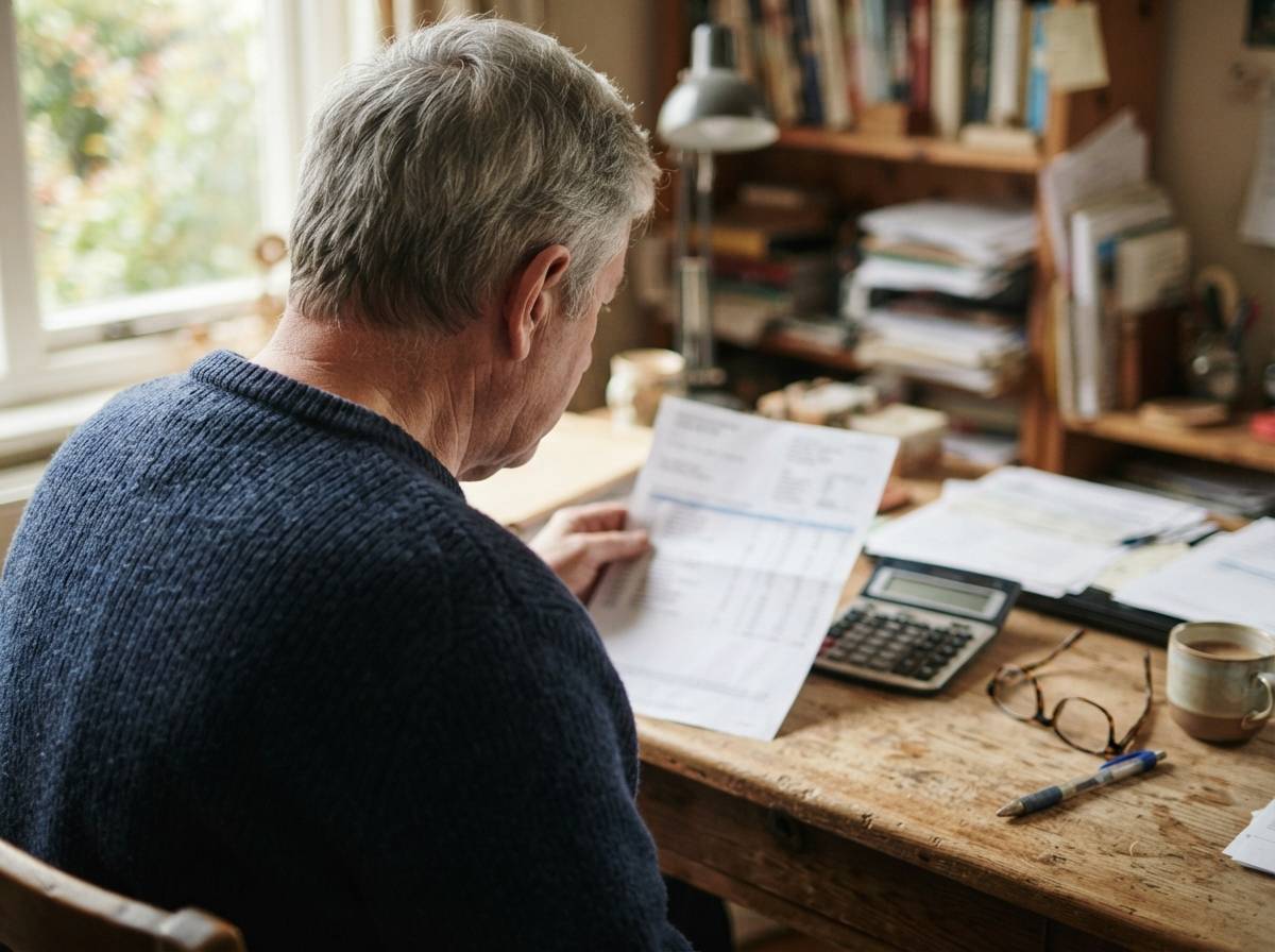 An older man reviews a printed bank statement and calculator at his home desk.