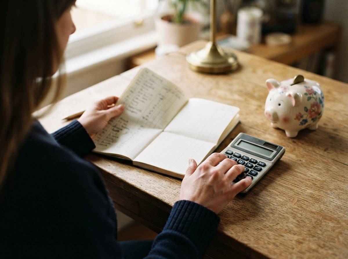 Close up of hands using a calculator next to a piggy bank and a handwritten savings ledger.