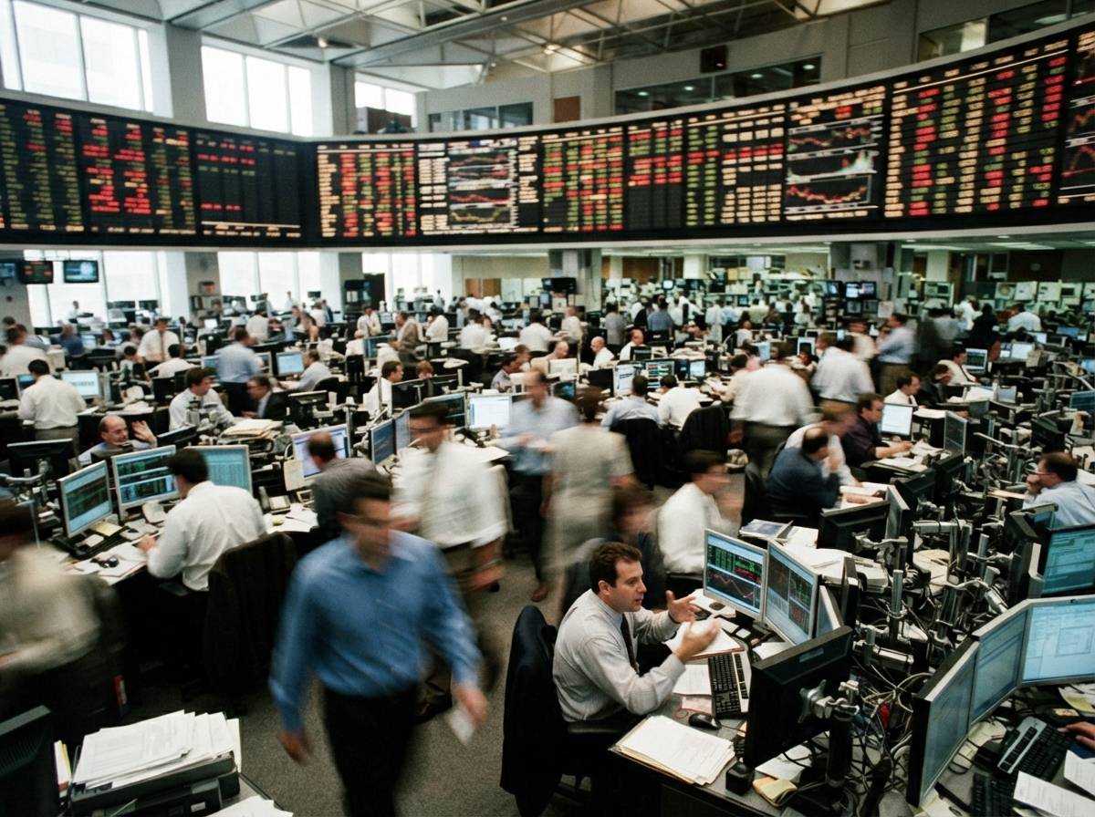 Traders move across an exchange floor beneath a large electronic ticker board displaying stock prices.