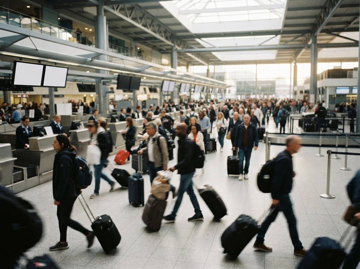 Travelers with luggage move through a busy airport check in area in early morning light.